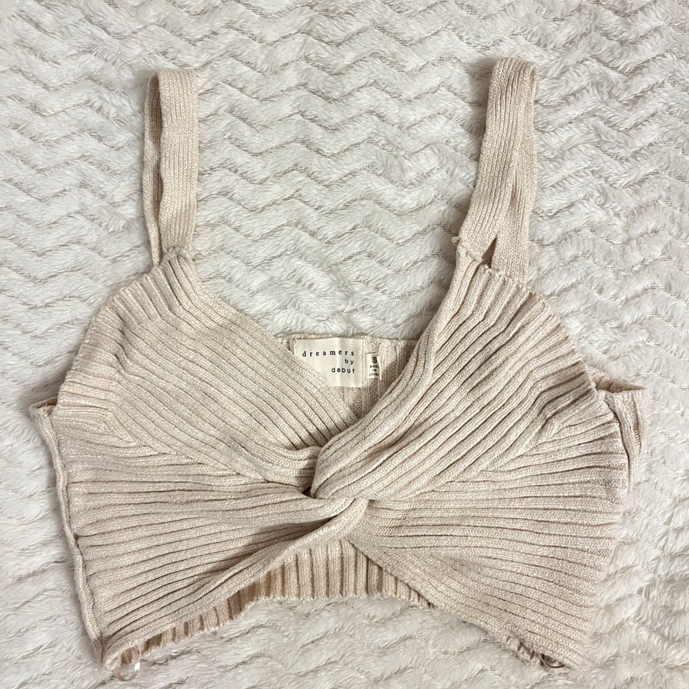 Women’s Cream Ribbed Knit Tank Top with Knot